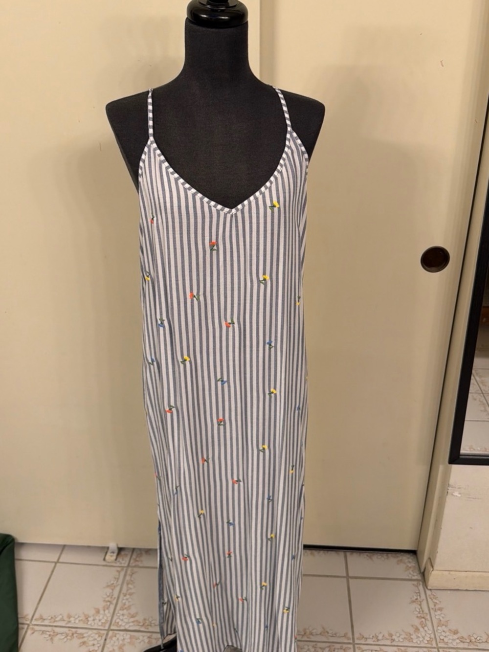 Pj salvage Striped V-Neck Maxi Slip Dress with Embroidered Dots